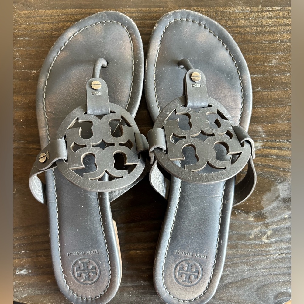 Tory Burch Charcoal Leather Flip-Flops